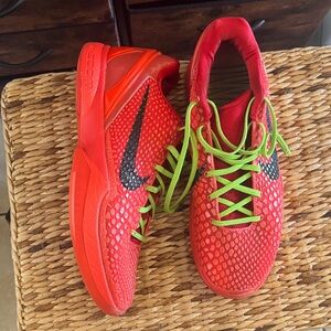 Nike Red Sneakers with Black Swoosh and Neon Green Laces Kobe reverse grinch